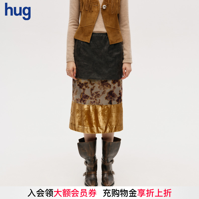 ICEDUST新款金丝绒印花拼接皮裙