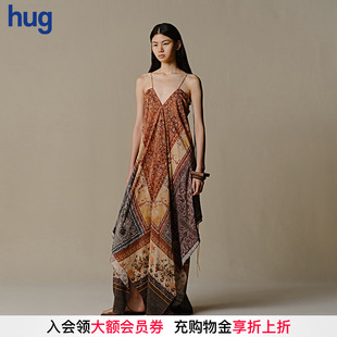 EAST THE hug2025新定位印花层次侧摆桑蚕丝吊带裙连衣裙 INTO