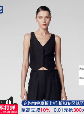 【何识HER SENSES】hug 新黑色V领亚麻混纺梭织马甲修身