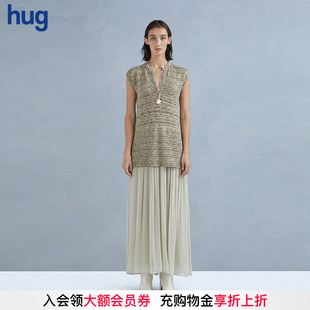 hug Sonata 2025针织拼轻纱假两件双层领口复古连衣裙 Cello