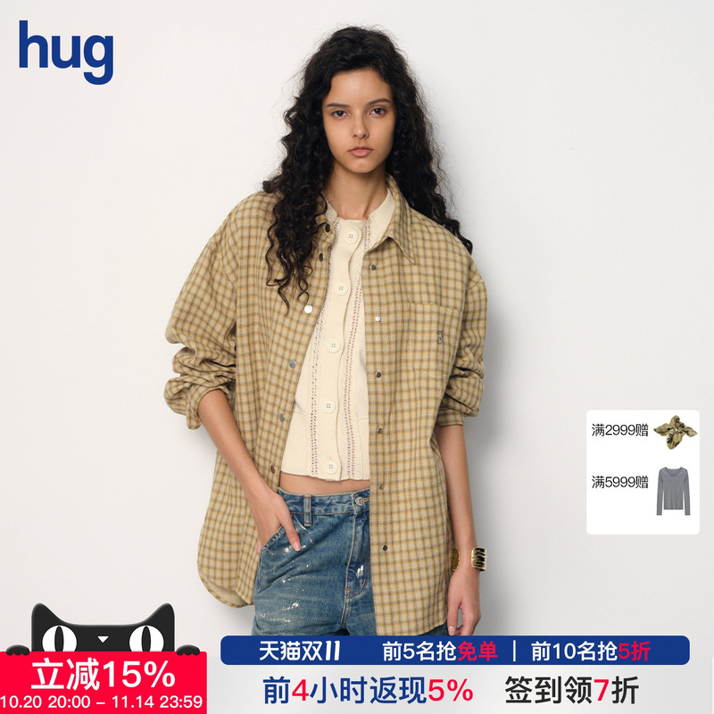 JUNWEILIN黄格纹金属摁扣衬衫