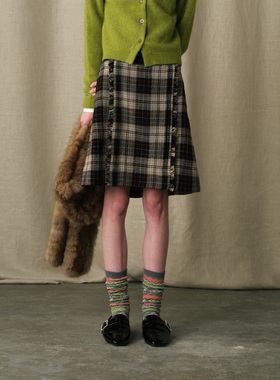 【MARCHEN】hug 2025秋冬新款格纹羊毛半身裙湖区开衩中裙