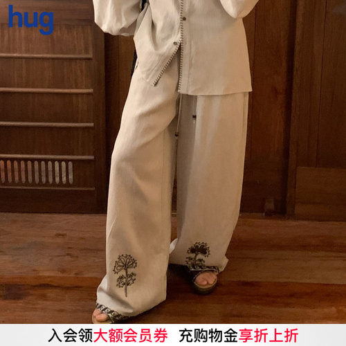 ICEDUST绳绣花朵亚麻阔腿裤