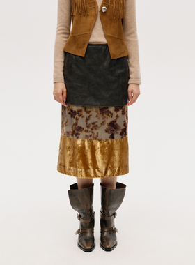 【ICE DUST】hug 2025秋冬新款金丝绒印花拼接皮裙icedust