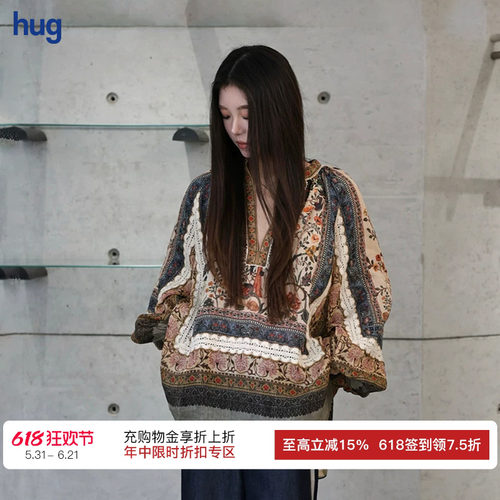 【INTO THE EAST】hug 民族风苎麻定位印花拼接蕾丝衬衫上衣