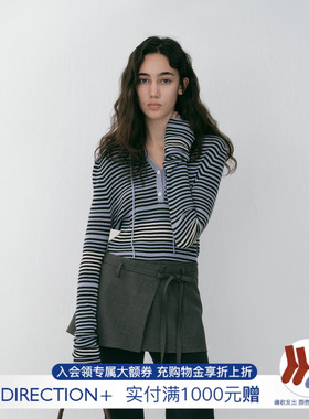 【NO DIRECTION+ 】hug 2026早春新款绵羊毛彩条连帽针织打底衫