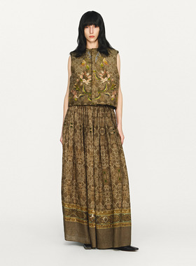 【INTO THE EAST】hug 2025秋冬新款苔绿暗纹印花亚麻半裙