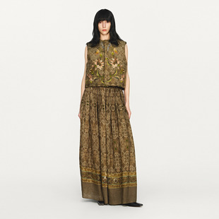 INTO 2025秋冬新款 THE hug 苔绿暗纹印花亚麻半裙 EAST