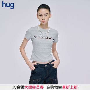 2025新狗狗印花珍珠項(xiàng)鏈彈力短袖 hug T恤 MARKGONG Jennie同款