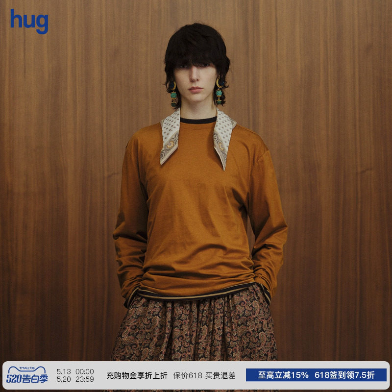 【INTO THE EAST】hug 复古腰果方巾浅棕长袖T恤