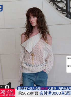 【Cello Sonata】hug 2026春米色棉麻镂空网格针织衫斜肩套头毛衣