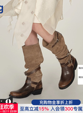 【ICE DUST】hug 2025游牧风擦色褶皱长靴堆堆中筒靴子女icedust