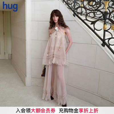 【Cello Sonata】hug 2026春夏新款薄纱定位压褶挂脖绑带连衣裙