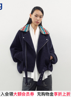 【JUNWEILIN】hug 秋冬新款羊毛针织花纹领拼藏青羊毛外套