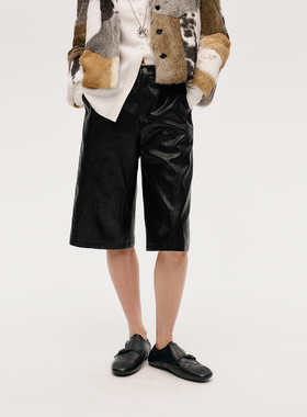 【ICE DUST】hug 2025秋冬新款黑色休闲PU中裤icedust