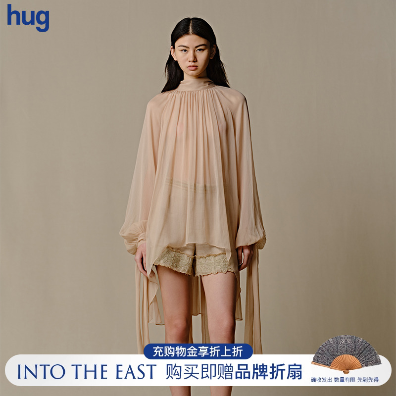 INTOTHEEAST裸粉真丝飘带上衣