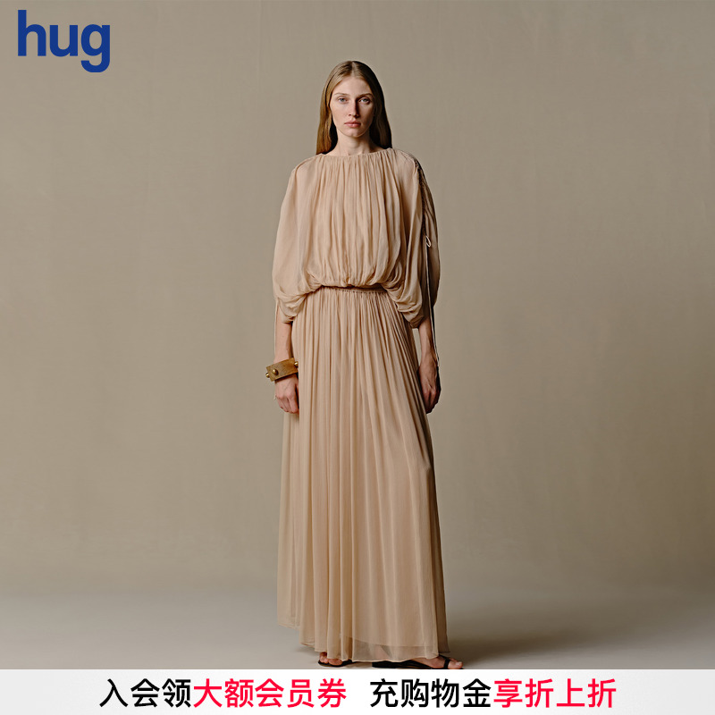 【INTO THE EAST】hug 2025秋冬新真丝抽绳上衣裸粉真丝细褶半裙