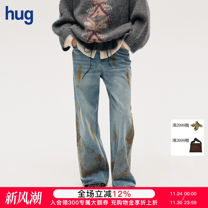 ICEDUST秋冬长裤做旧蕾丝牛仔裤