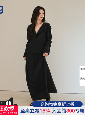 【RUOHAN】hug 2025黑色砂洗丝绸长袖翻领连衣裙