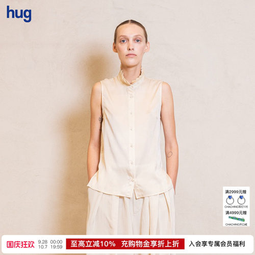 UMAWANG复古翻领做旧无袖衬衫