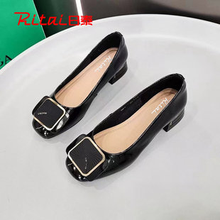 日泰女鞋2024春季新款百搭时尚方头浅口真皮皮鞋漆皮粗跟工作单鞋