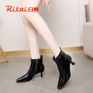 日泰高跟时装靴女冬季2025新款漆皮齐头细跟马丁靴加绒保暖瘦瘦靴
