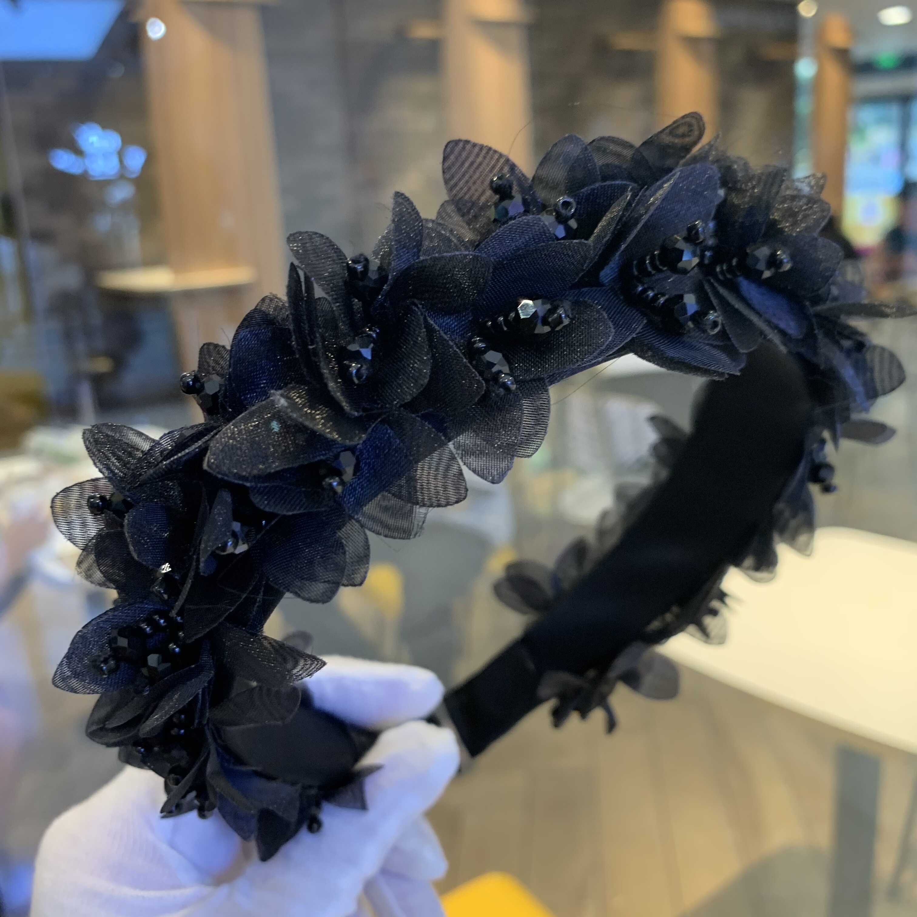 公主风黑晶石串珠发卡发箍女高颅顶花朵时尚日常百搭头饰压发头箍