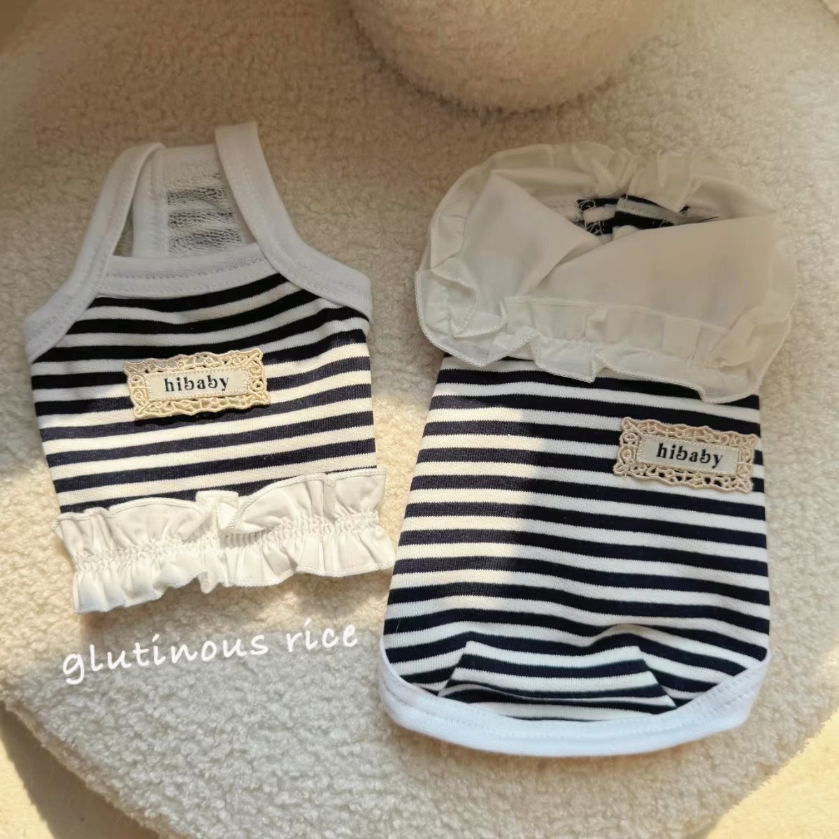 春款可爱条纹狗狗衣服猫咪咪花领T恤吊带猫咪打底衫背心比熊泰迪