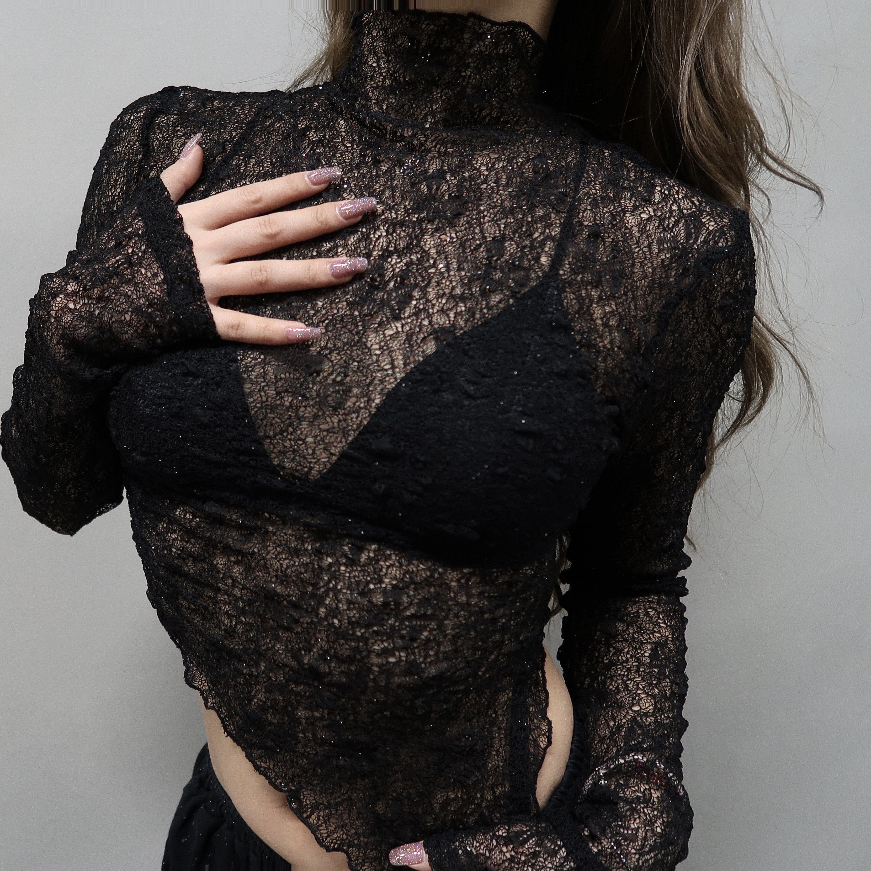 【DB QUEEN原创】MANDALA设计亮片细闪褶皱不规则修身蕾丝上衣