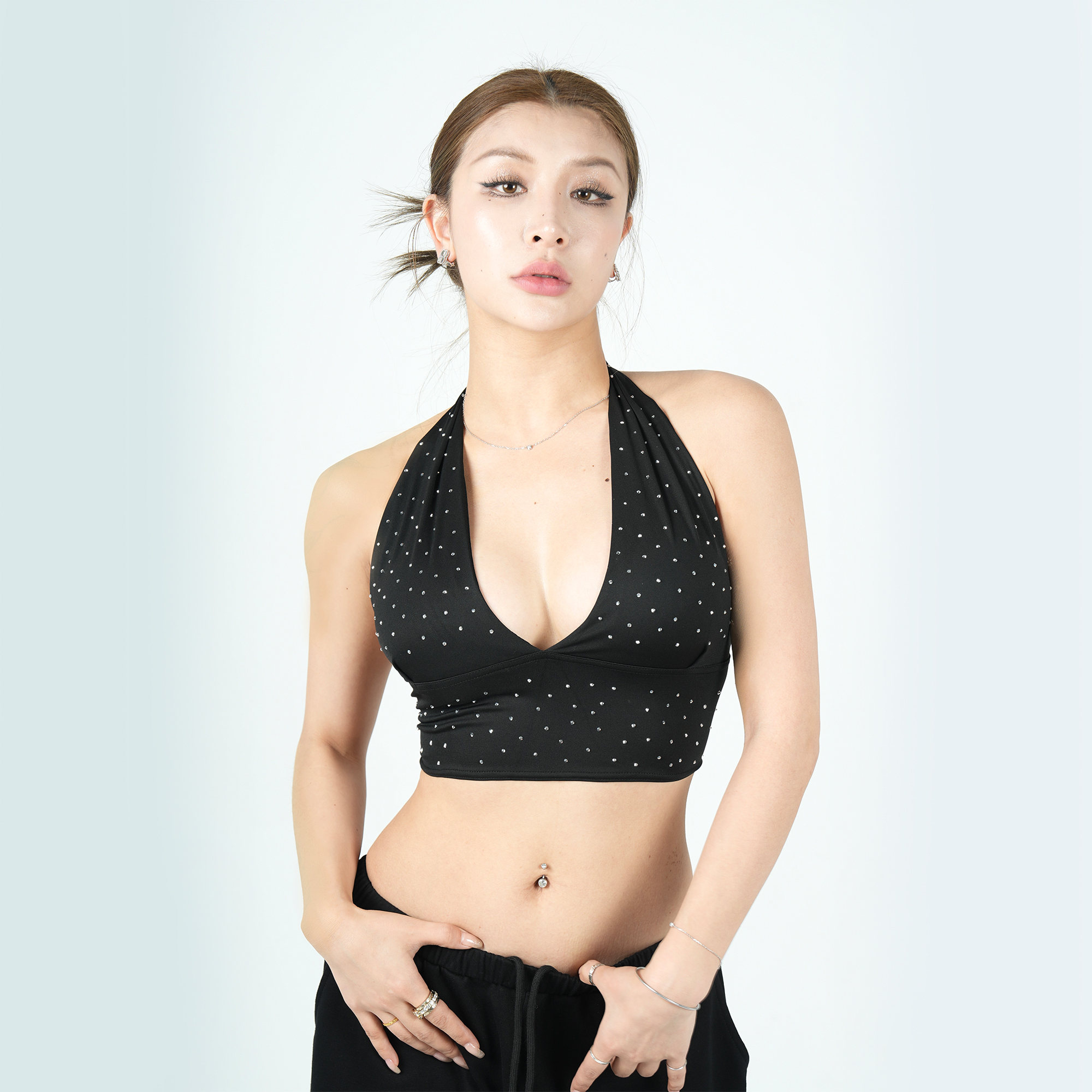 【DB QUEEN原创】MANDALA设计挂脖深V全钻带胸垫露背短款背心吊带