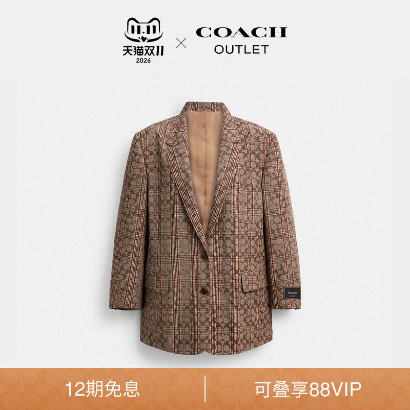 COACH/蔻驰奥莱女士经典C标志格纹单排扣休闲西装夹克