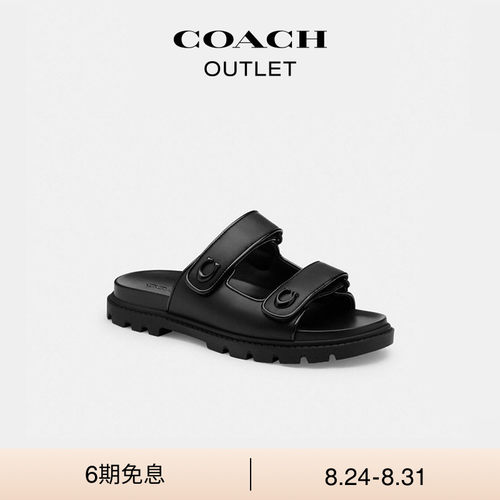 COACH/蔻驰奥莱女士立体C字饰件双绑带凉鞋黑色平底拖鞋