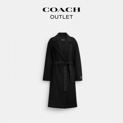 COACH/蔻驰奥莱女士黑色老花腰带羊毛长款大衣宽松简约高级