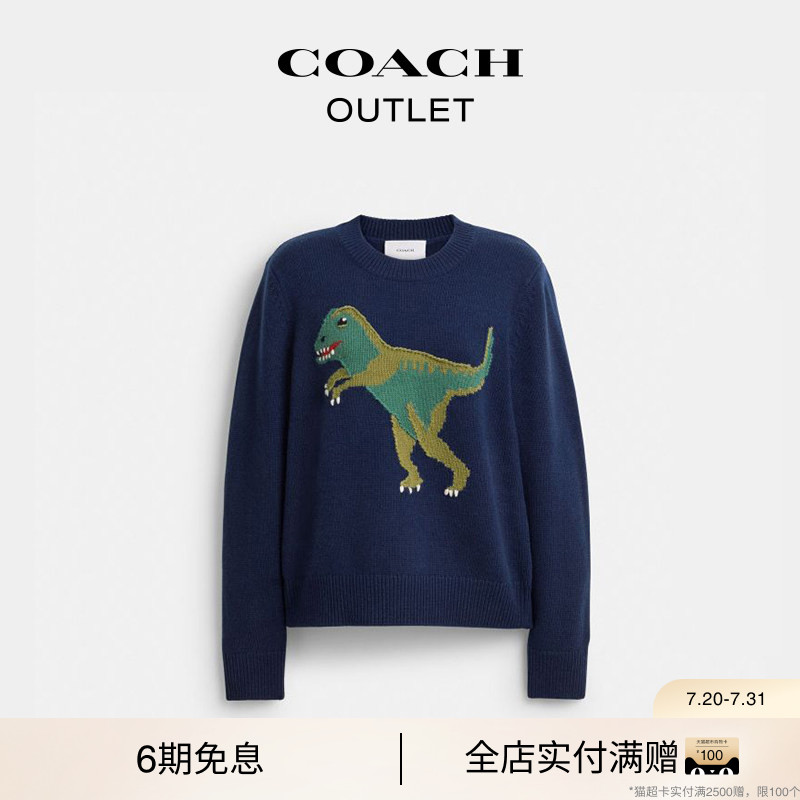 COACH/蔻驰奥莱女士蓝色REXY图案圆领毛衣休闲宽松舒适