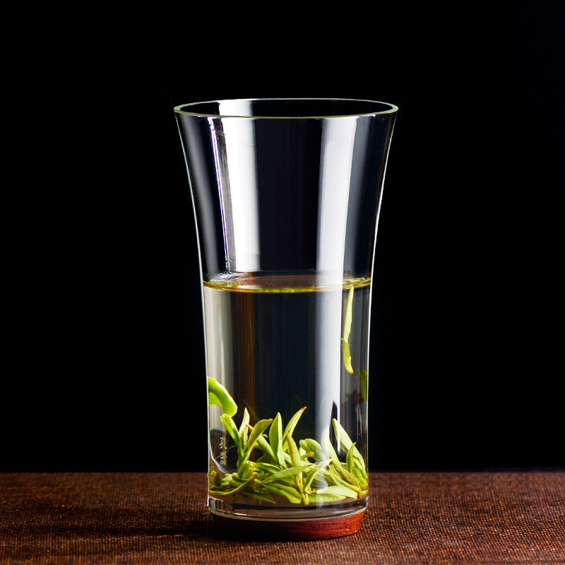 耐热玻璃绿茶杯猴魁茶楼日式透明水杯家用木底泡花茶茶杯