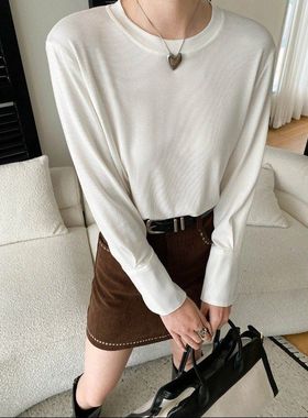 司南 早春新款 舒适百搭简约基础拼接衬衫袖口打底衫T恤 SN8551