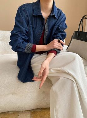 SN6947腔调翻领司南 拼接牛仔加绒摩登 休闲设计 感时髦衬衫格纹