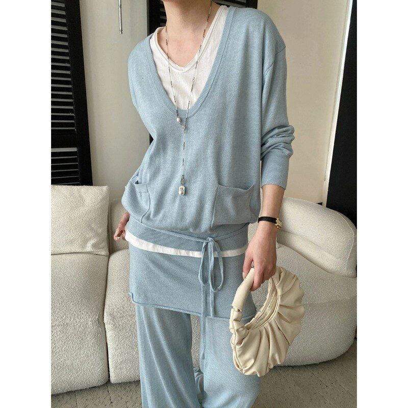 司南 松弛感纸片人 撞色假两件针织衫屁帘阔腿休闲裤套装 SN8750