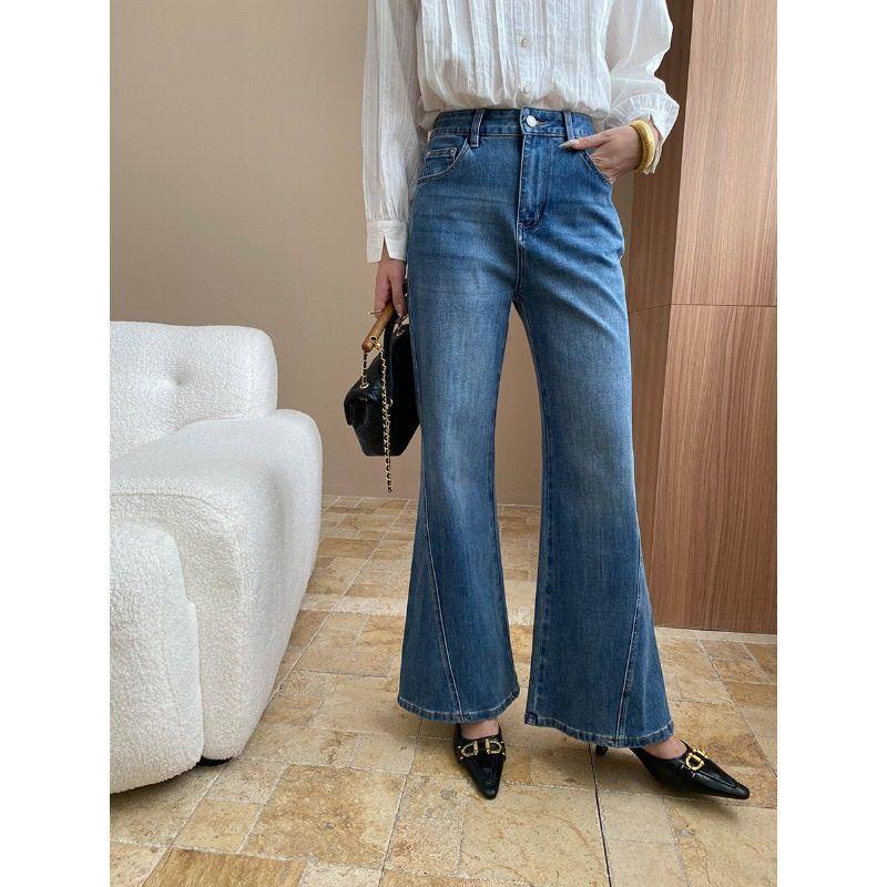 司南 早秋新款 复古蓝水洗立体剪裁直筒阔腿微喇叭牛仔裤 SN7830