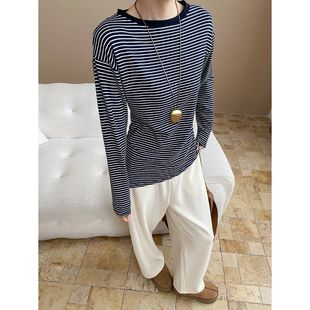 T恤 慵懒风撞色条纹圆领收腰显瘦长袖 SN7882 不规则设计感 司南