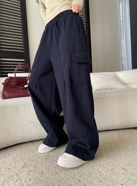 司南 自带腔调 时髦解构分割工装口袋阔腿宽松薄绒休闲裤 SN8514