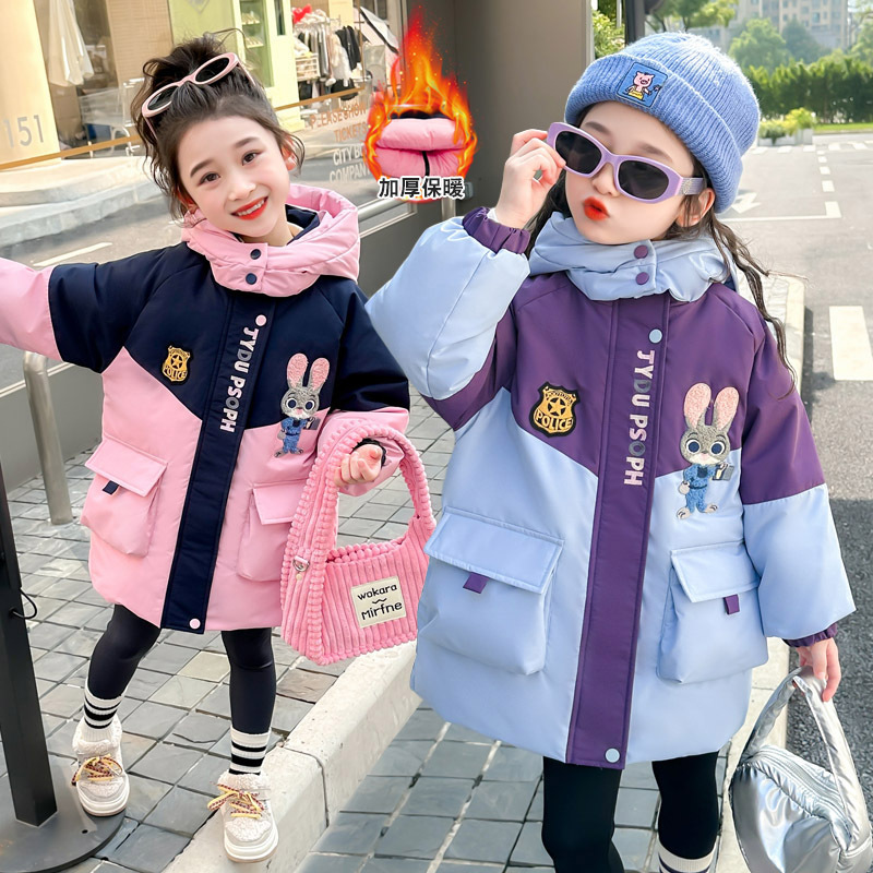 女童羽绒服冬季中长款2025新款儿童兔子警官白鸭绒外套女宝宝冬装