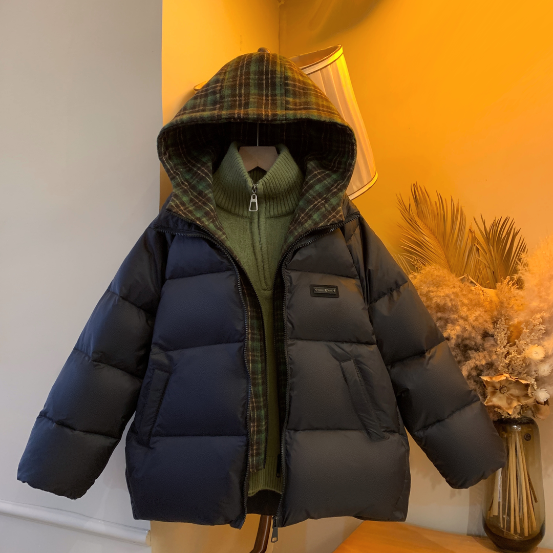 男童千鸟格加厚白鸭绒羽绒服外套