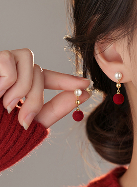 ACC红绒球珍珠耳钉999银本命年女2026马新年轻奢高级耳环过年耳饰