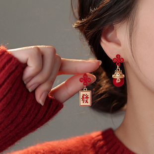 ACC招财猫耳钉999银小众设计感过年2026马新年本命年耳环女款 耳饰