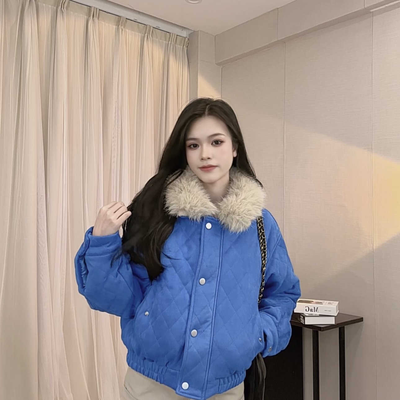 LINONEONE 北海道漫步 百搭蓝色菱形格夹棉环保毛领棉服短款外套