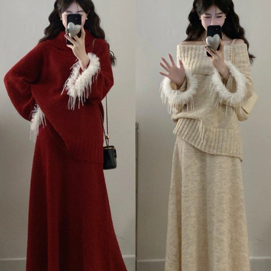 实拍大码冬季法式气质风高级感流苏宽松慵懒针织毛衣+半身裙套装