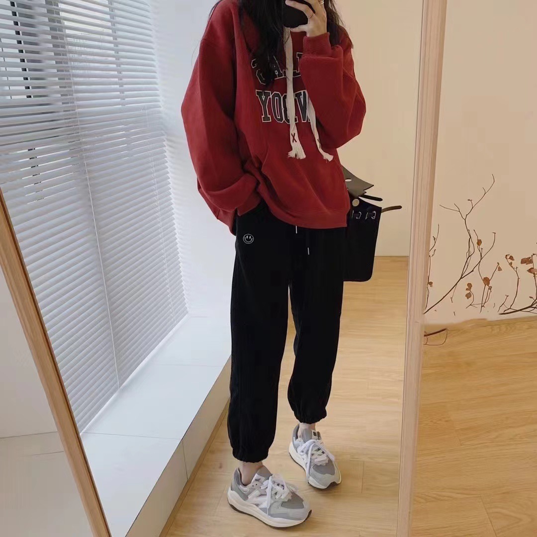 2023冬季新款百搭宽松加绒加厚大流苏连帽卫衣+束脚卫裤两件套