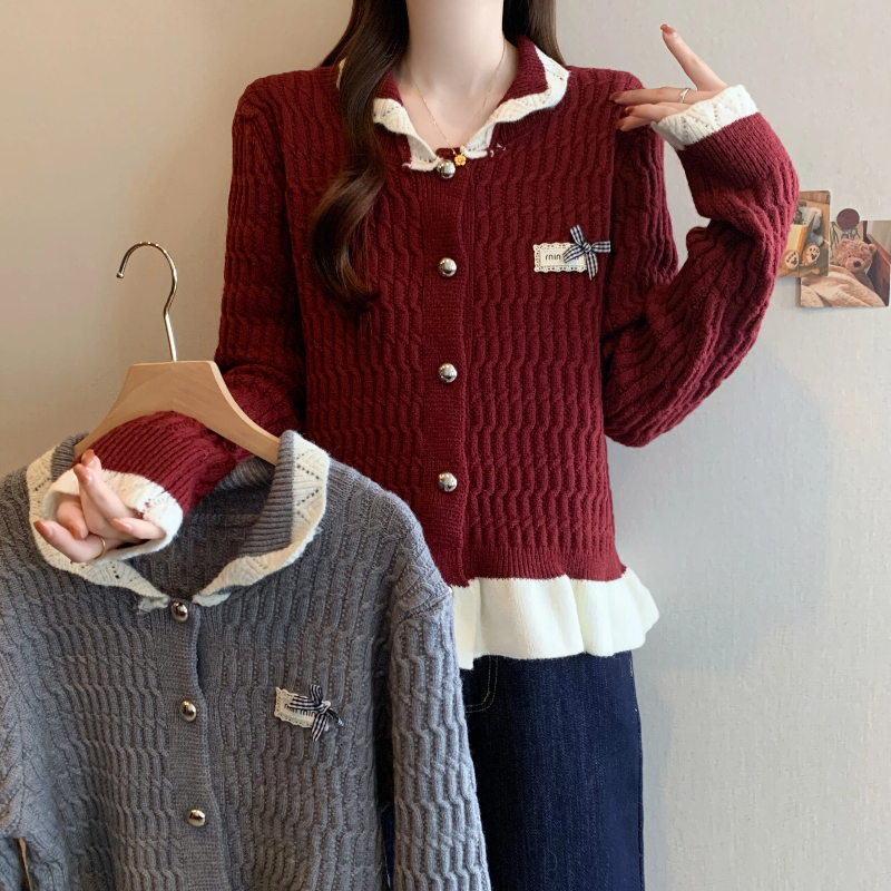 实拍2025冬季新款大码女韩系减龄木耳边娃娃脸蝴蝶结针织开衫外套