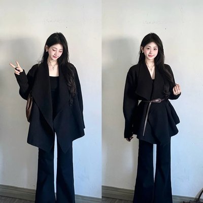 2025新款慵懒风韩系高级感黑色翻领针织开衫毛衣外套女秋冬小个子